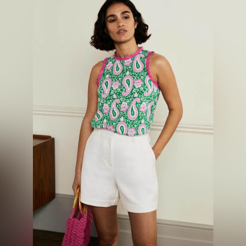 Boden Stitch Detail Jersey Top Paisley Print Sleeveless Crochet Trim Size 12